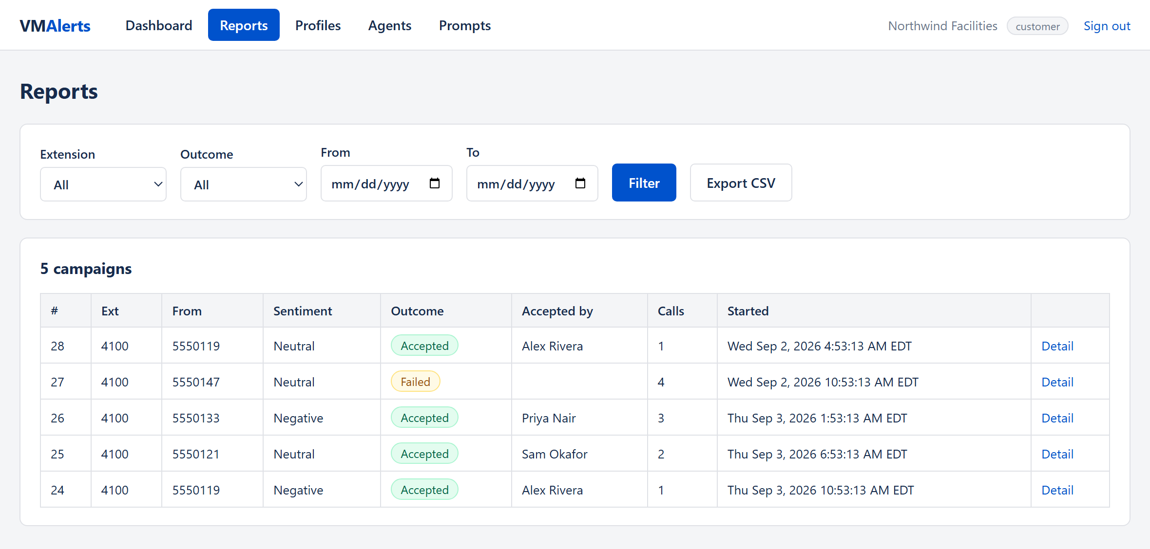 Reports page with filters and exportable rows